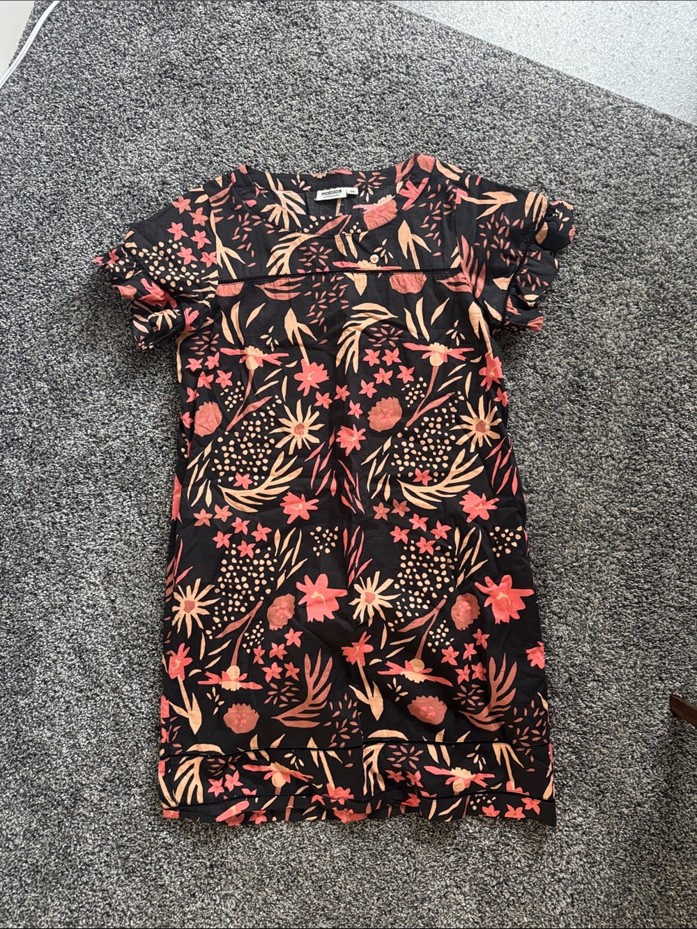 Maloja Black Floral Short-Sleeve Shift Dress with Coral and Peach Accents